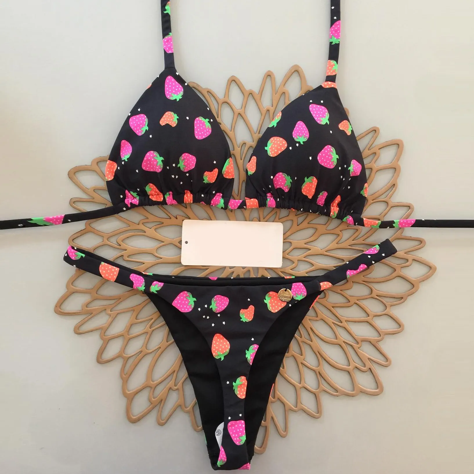 Resort style strawberry print split bikini